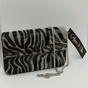 NWT Anna & Elle Black, Silver & brown Zebra Crystal Evening Clutch